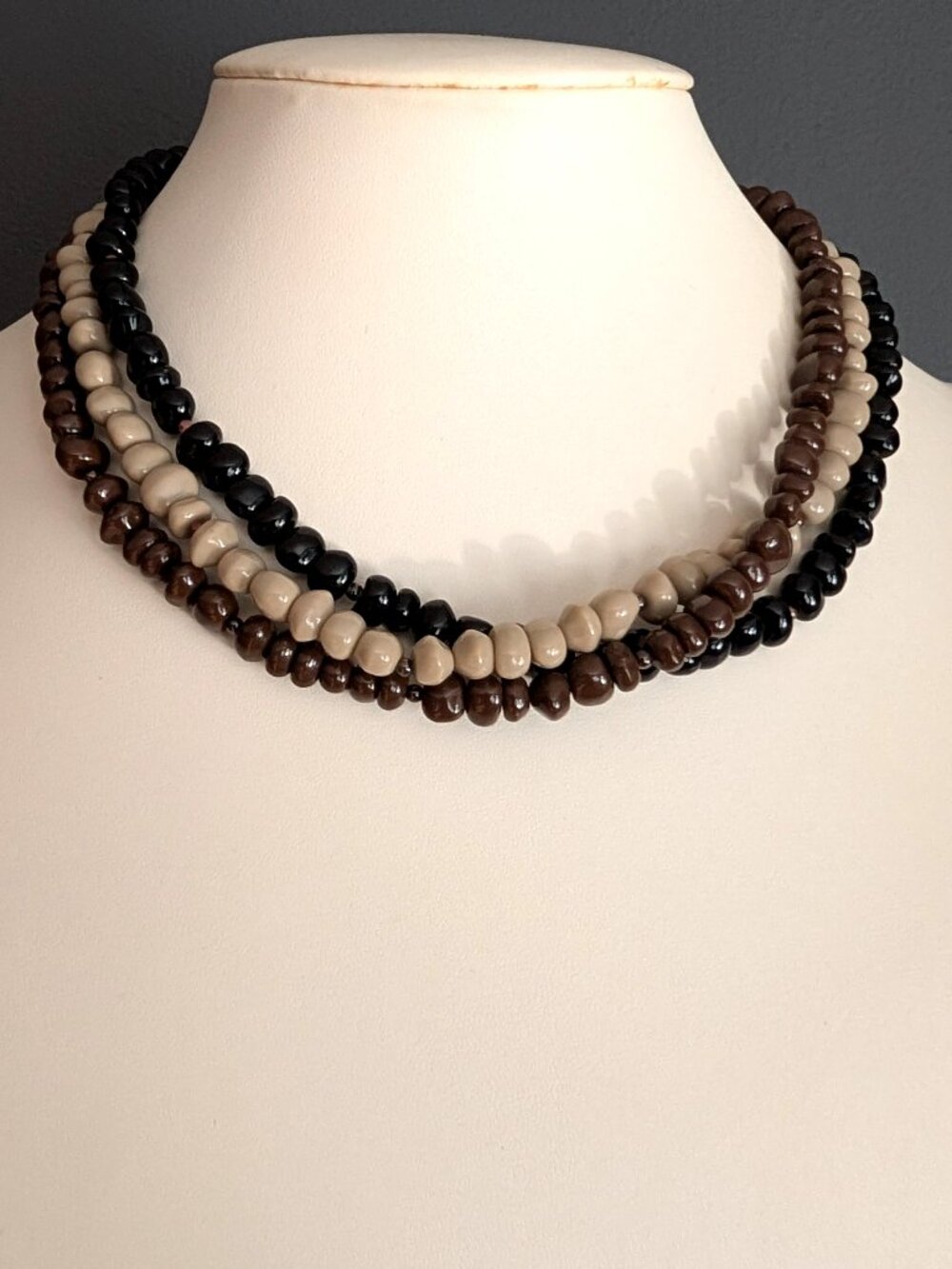 Vintage 3 strand natural, brown and black beaded necklace